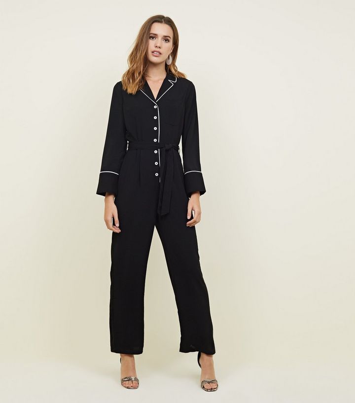 black-contrast-piping-long-sleeve-belted-jumpsuit